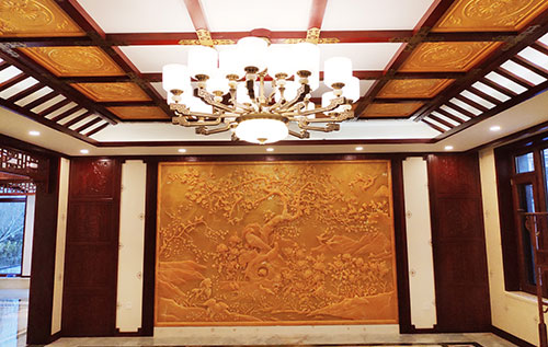 峡江中式别墅客厅中式木作横梁吊顶装饰展示